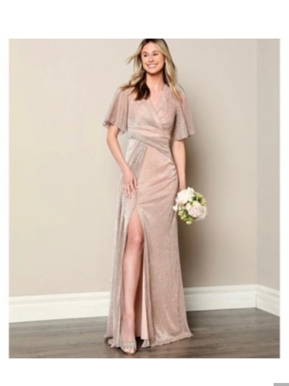 Adrianna Papell Floral Metallic Gown in Rose Gold. 
Size 6.
